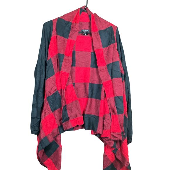 Torrid Womens Sweater Red Black Plaid Open Waterfall Front Cardigan 0 - Picture 1 of 11